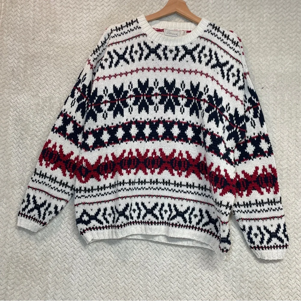Berwick White Red Blue Vintage 90s Knit Grandpa Fair Isle Sweater Men's‎ Medium